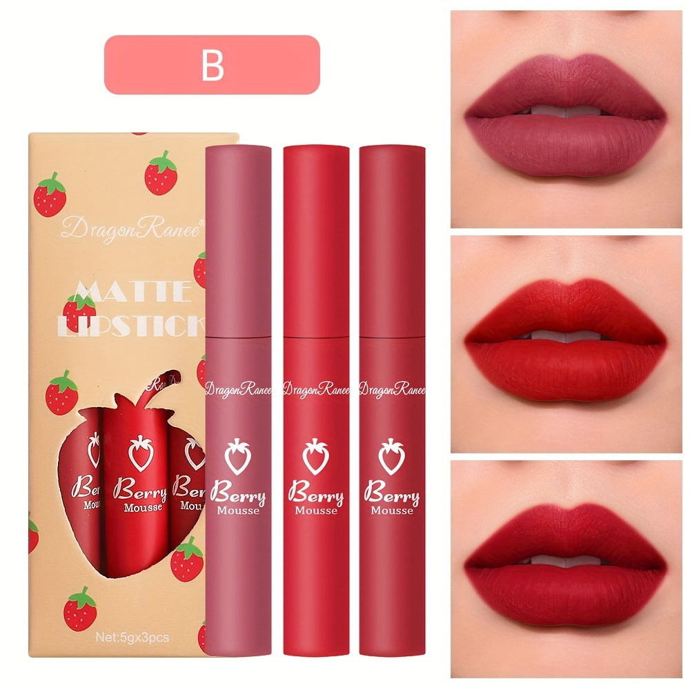 3-Color Velvet Matte Liquid Lipstick Set – Long-Lasting, Lightweight, Non-Stick Lip Color with Soft Finish, Perfect Valentine's Day Gift